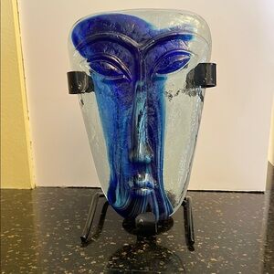 MCM Blue Glass Face Sculpture Jaramillo Brothers Sky Dreamer with Holder